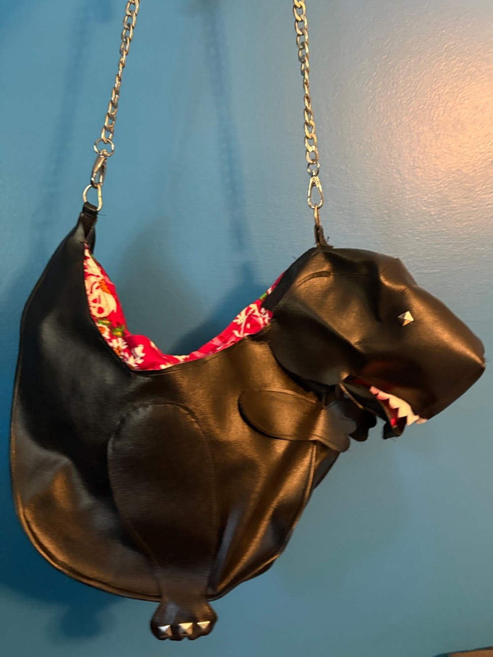 Handmade Black pleather Dino-Shaped Shoulder Bag with Pink Floral Lining